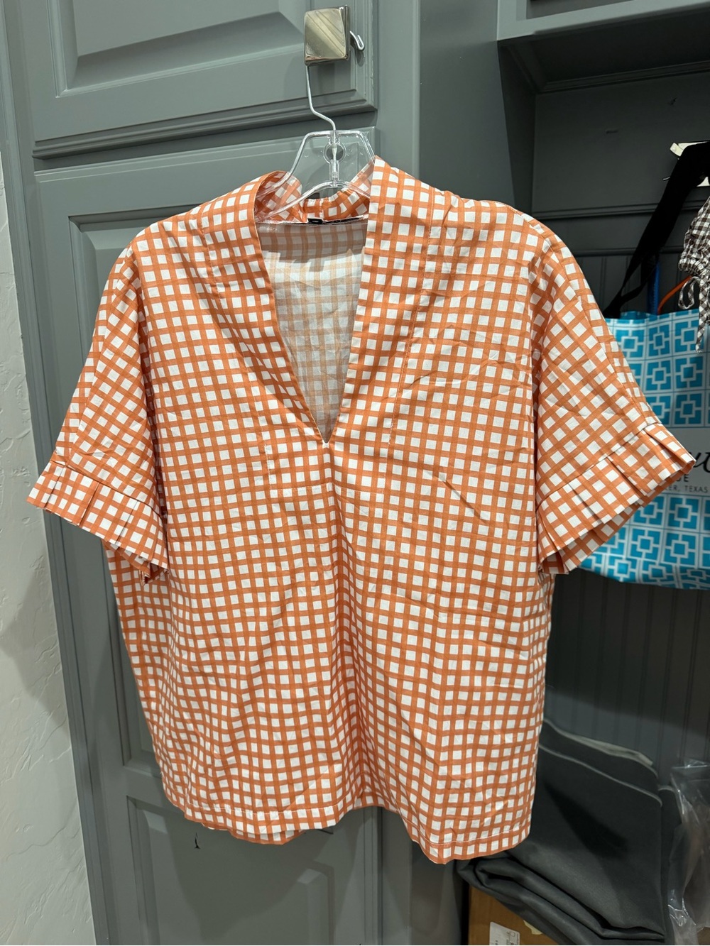 Women's Orange Gingham Short-Sleeve V-Neck Blouse